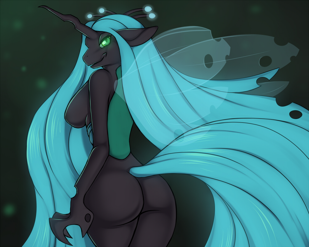 anthrofied ben300 big_breasts big_butt blue_hair breasts butt changeling claws equine female friendship_is_magic green_eyes hair horn long_hair looking_at_viewer looking_back mammal my_little_pony nude queen queen_chrysalis_(mlp) royalty side_boob smile solo standing wings wyraachur