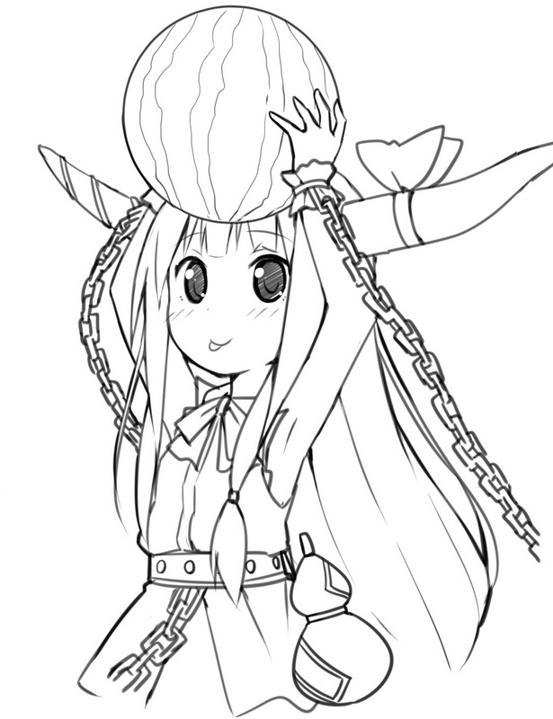 :p armpits arms_up chain flat_chest food fruit gourd greyscale horns ibuki_suika lineart long_hair monochrome sketch sky_(freedom) solo tongue tongue_out touhou watermelon