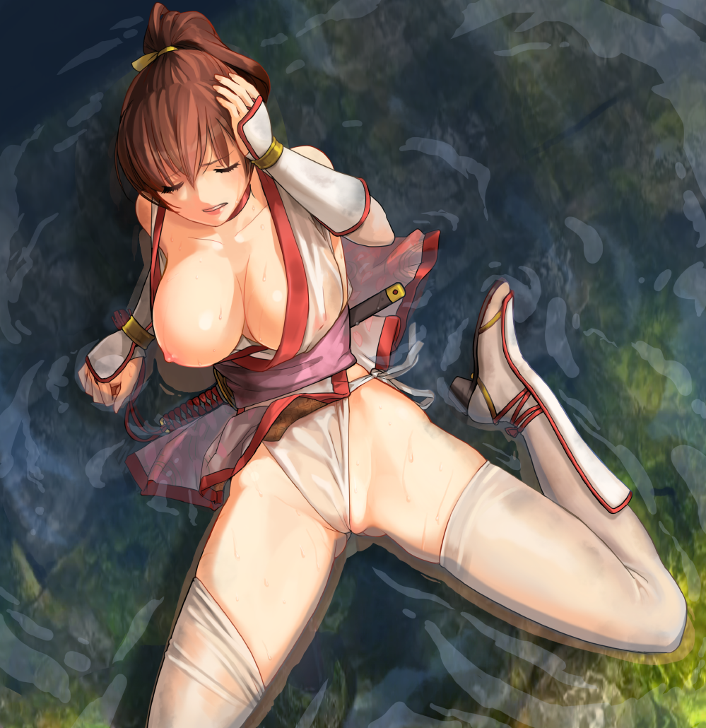 arm_support breast_slip breasts brown_hair closed_eyes dead_or_alive from_above hand_on_own_head high_heels hiuji kasumi_(doa) large_breasts legs long_legs lying on_back one_breast_out partially_visible_vulva pelvic_curtain ponytail shoes solo thighhighs thighs water wet wet_clothes white_legwear