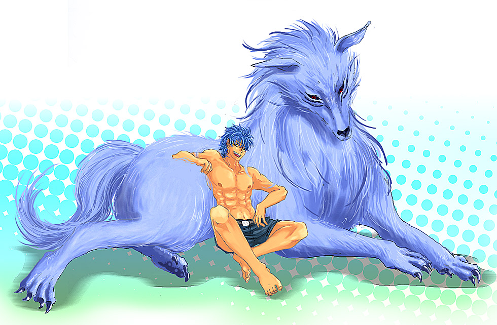 blue blue_fur blue_hair canine claws cloth duo fur hair human lying male mammal muscles nipples red_eyes terry terry_cloth toriko wolf
