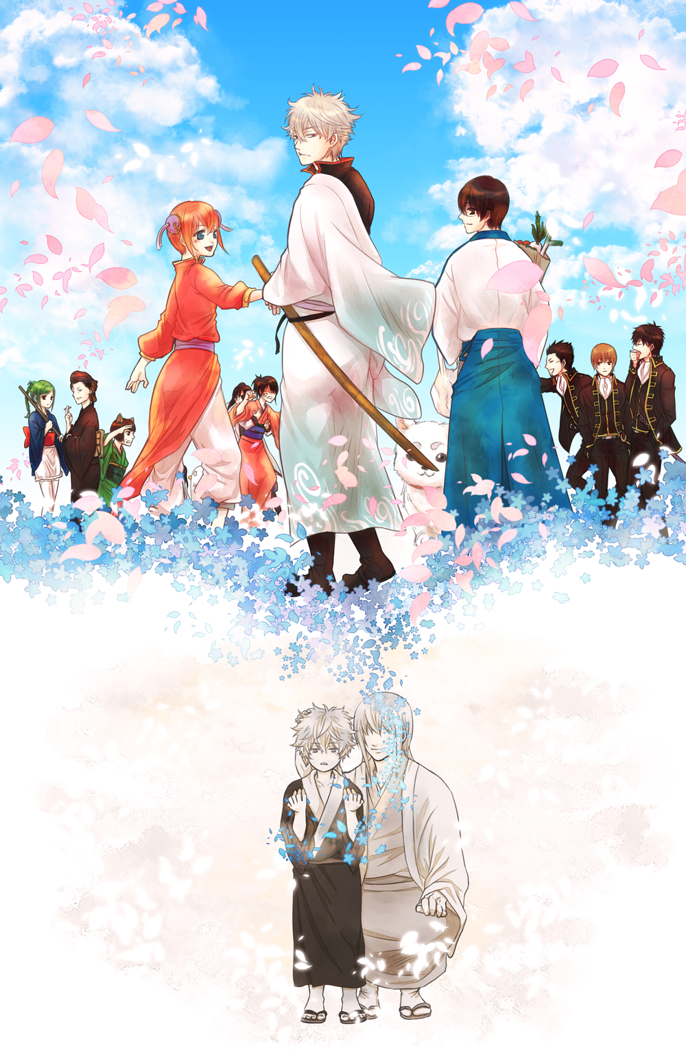 6+girls arima_(iro_rabbit) catherine_(gintama) cherry_blossoms child gintama highres hijikata_toushirou kagura_(gintama) kondou_isao multiple_boys multiple_girls okita_sougo otose petals sadaharu sakata_gintoki shimura_shinpachi shimura_tae sky tama_(gintama) tree yagyuu_kyuubei yoshida_shouyou younger