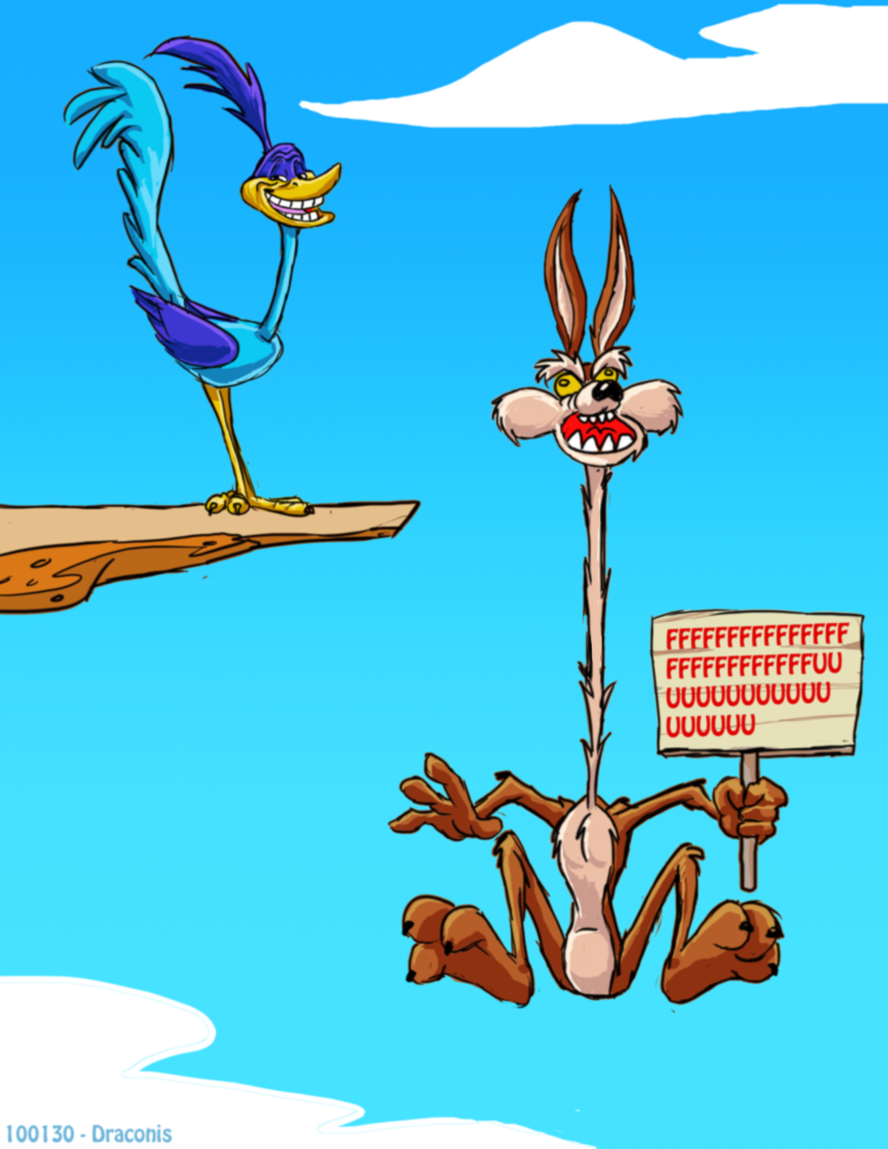 avian bird canine coyote draconis0868 duo falling looney_tunes male mammal meme rage_guy roadrunner roadrunner_(looney_tunes) sign text trollface warner_brothers wile_e._coyote wings