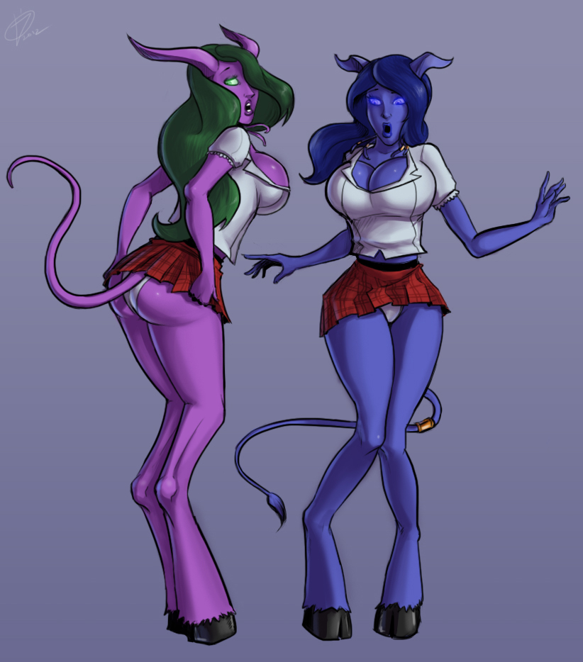 big_butt blue_body blue_eyes blue_hair blue_skin breasts butt cleavage clothed clothing devil_hs draenei duo female glowing glowing_eyes green_eyes green_hair hair hair_over_eye hooves horn long_hair looking_at_viewer miniskirt nanako neira not_furry panties panty_shot purple_body purple_skin school_uniform skirt standing surprise tentacles tight_clothing underwear video_games warcraft world_of_warcraft