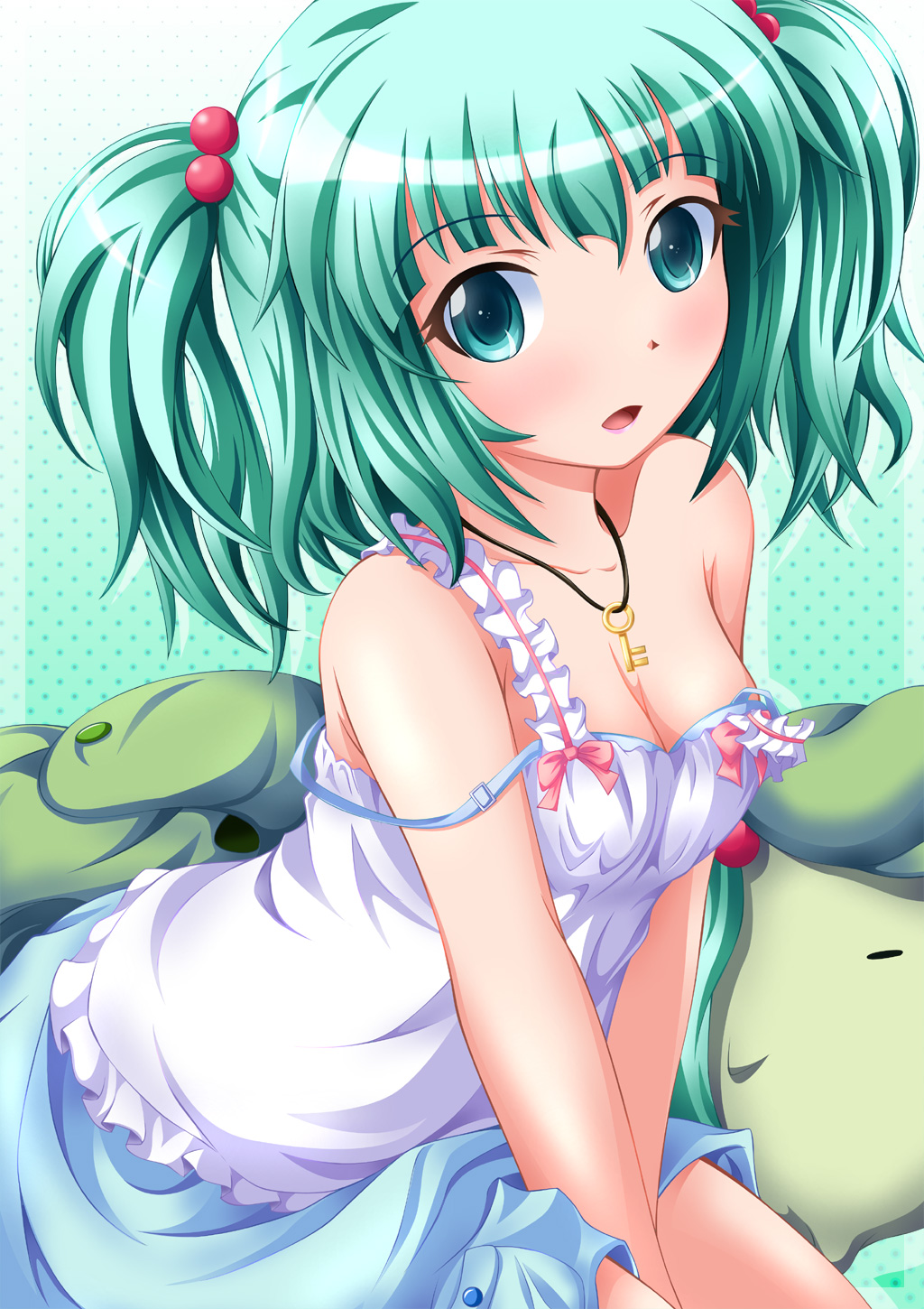 backpack bag blue_bra bra breasts cleavage collarbone green_eyes green_hair hair_bobbles hair_ornament highres jacket jacket_removed jewelry kawashiro_nitori key looking_at_viewer medium_breasts neats necklace no_hat no_headwear open_mouth sitting skirt solo strap_slip touhou two_side_up undershirt underwear v_arms