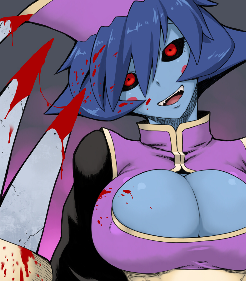 black_sclera blood bloody_clothes blue_hair blue_skin breasts claws cleavage fangs flipped_hair hat head_tilt huge_breasts lei_lei looking_at_viewer open_mouth red_eyes short_hair smile solo tsukudani_(coke-buta) vampire_(game)