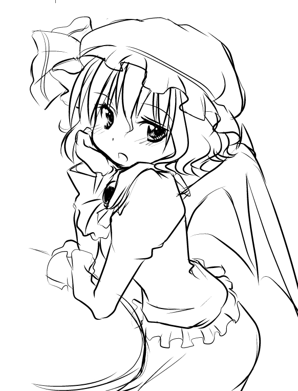 bad_id bad_pixiv_id blush chin_rest greyscale hat looking_at_viewer monochrome quro_(black_river) remilia_scarlet short_hair simple_background sitting sketch solo table touhou white_background wings
