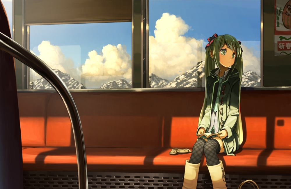 bad_id bad_pixiv_id book boots cloud day domo1220 green_eyes green_hair hair_ribbon hatsune_miku holding holding_book long_hair looking_away mountain open_book ribbon sitting solo thighhighs train_interior twintails very_long_hair vocaloid window window_shade