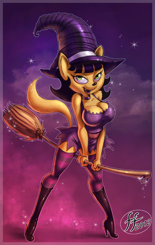 big_breasts breasts broom cat clothed clothing dress fangs feline female fernando_faria halloween hat high_heels holidays kitty_katswell legwear looking_at_viewer magic_user mammal skimpy solo stockings t.u.f.f._puppy witch witch_hat