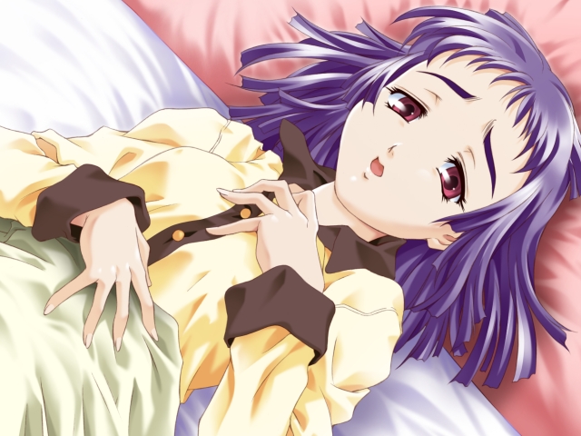 1girl bed blush game_cg maruto! purple_hair red_closed watashi_ni_konya_ai_ni_kite yuuki_misago