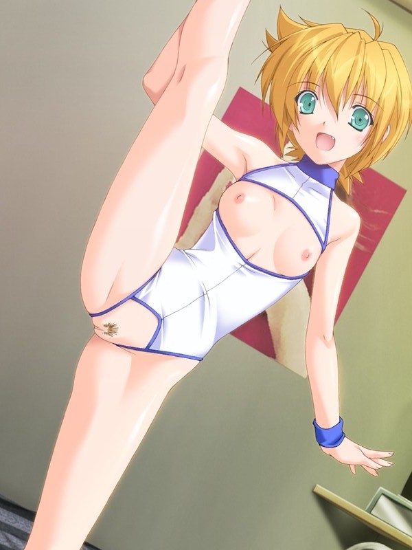 bangs blonde_hair blush breastless_clothes breasts cosplay_fetish_academy cropped_legs crotchless crotchless_clothes fang female green_eyes looking_at_viewer mikage_shana open_mouth pussy revealing_clothes seiai_gakuen_fechi_ka short_hair solo uncensored
