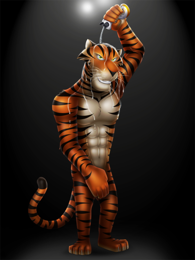 anthro biceps black_fur body_markings chest_tuft dream_and_nightmare feline flexing fur green_eyes grin light madagascar male mammal markings muscles nude oil orange_fur pecs pose russian soffits solo standing stripes tiger tuft vitaly vitaly_the_tiger white_fur