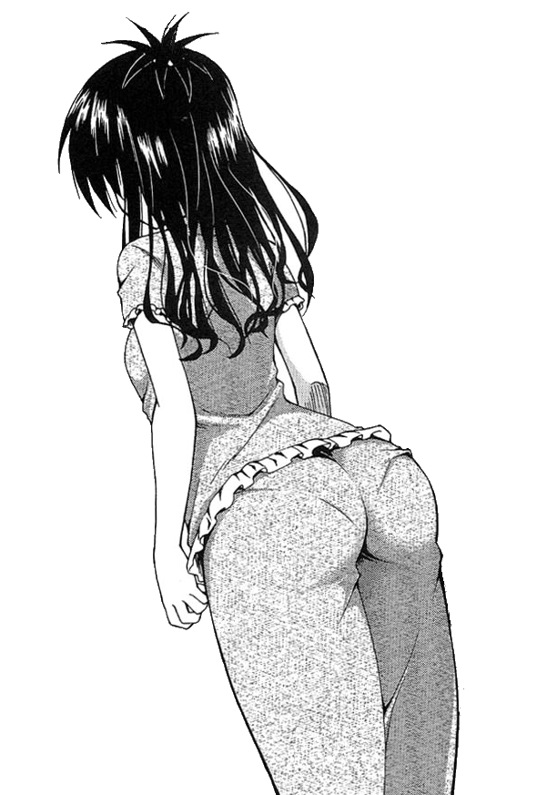 1girl artist_request ass black_hair dutch_angle from_behind monochrome pajamas pantyline pantylines solo standing to_love-ru white_background yuuki_mikan