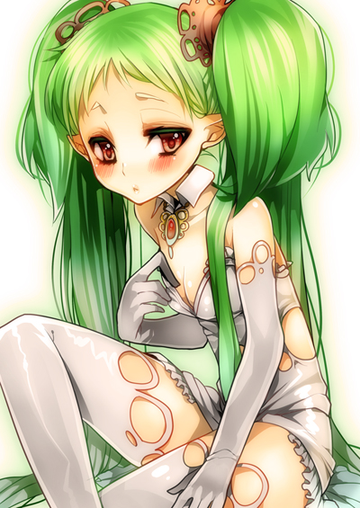 bad_id bad_pixiv_id bare_shoulders blush elbow_gloves gloves green_hair long_hair original patatata pointy_ears red_eyes sitting solo thighhighs twintails white_legwear