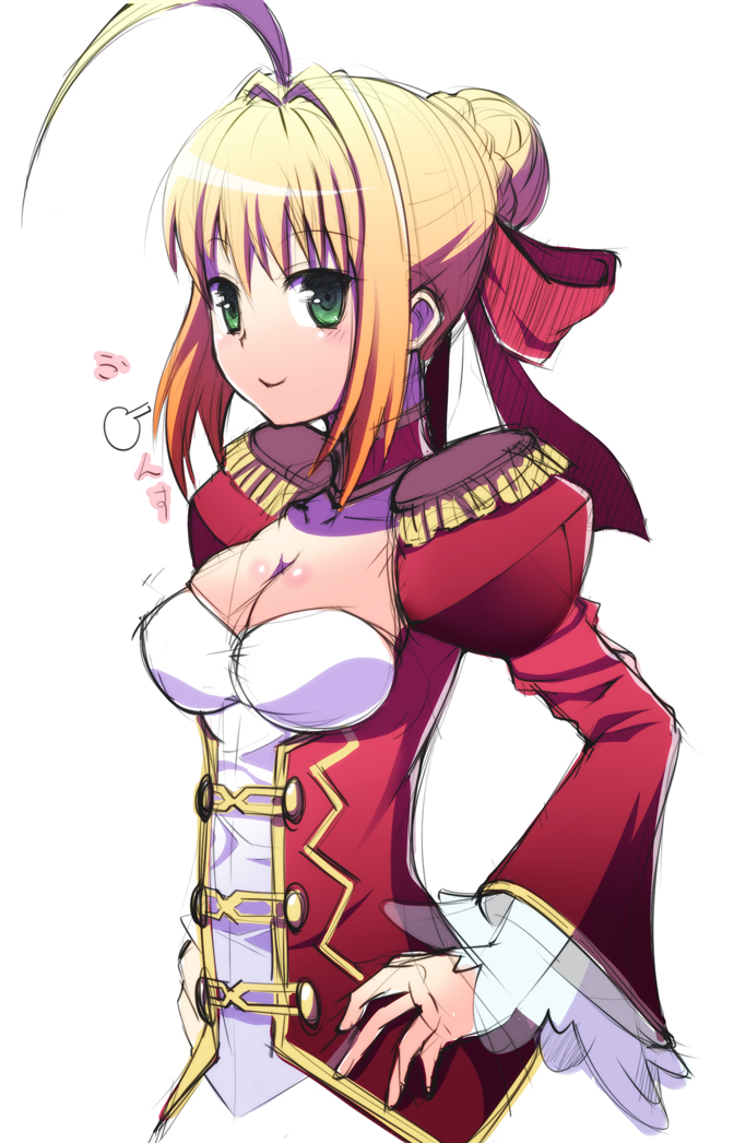 ahoge blonde_hair breasts cleavage dress epaulettes fate/extra fate_(series) green_eyes hair_ribbon hands_on_hips medium_breasts nero_claudius_(fate) nero_claudius_(fate)_(all) ookami_maito ribbon smile solo