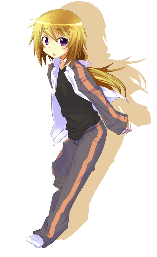 androgynous black_shirt charlotte_dunois infinite_stratos jacket long_hair looking_at_viewer low-tied_long_hair no_shoes open_clothes open_jacket pants purple_eyes sachou shirt simple_background socks solo track_jacket track_pants white_background white_legwear