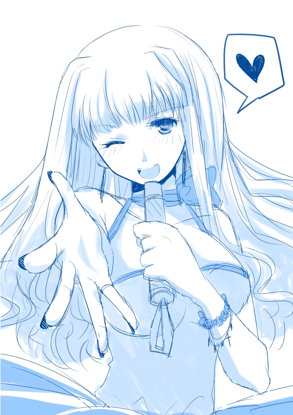 ;d breasts heart large_breasts long_hair looking_at_viewer macross macross_frontier monochrome one_eye_closed open_mouth quro_(black_river) sheryl_nome smile solo spoken_heart