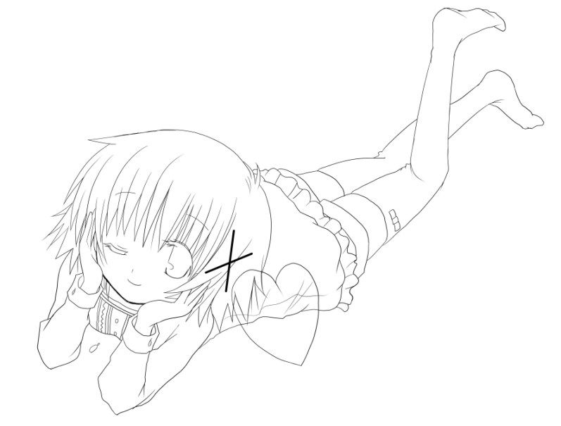 bad_id bad_pixiv_id greyscale hair_ornament hairclip heart hidamari_sketch lineart looking_at_viewer lying monochrome on_stomach one_eye_closed quro_(black_river) smile solo thighhighs x_hair_ornament yuno