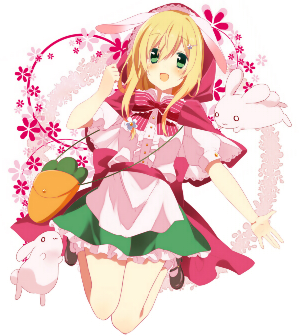 :3 :d animal_ears blonde_hair bunny bunny_ears bunny_tail capelet carrot fujishiro_emyu green_eyes hair_ornament hairclip hood mary_janes open_mouth original shoes skirt smile tail