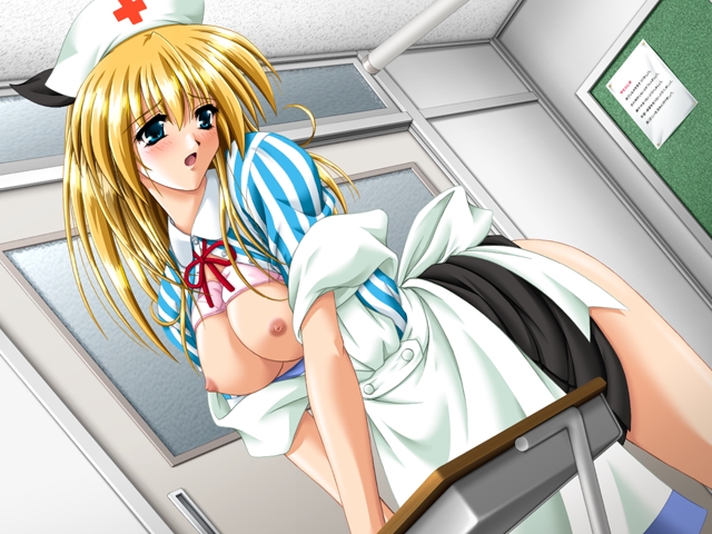 1girl blonde_hair blue_eyes breasts hair_ribbon hat kango_shichauzo maioka_momiji nurse_cap nurse_hat ribbon