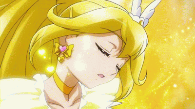 animated animated_gif blonde_hair bow choker cure_peace earrings hair_flaps halo jewelry kise_yayoi long_hair lowres magical_girl precure princess_form_(smile_precure!) smile_precure! tiara wand yellow yellow_background yellow_bow yellow_eyes