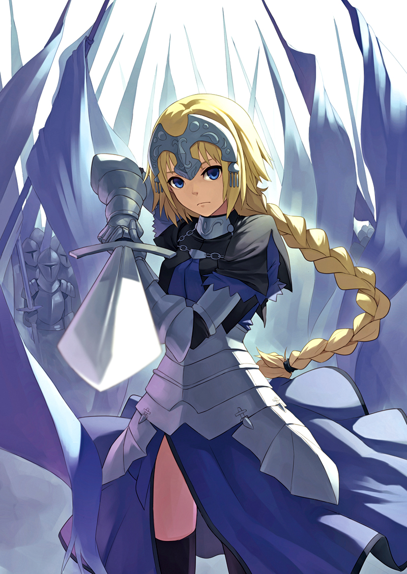 armor armored_dress bad_id bad_pixiv_id black_legwear blonde_hair blue_eyes capelet fate/apocrypha fate_(series) fkey gauntlets holding jeanne_d'arc_(fate) jeanne_d'arc_(fate)_(all) long_hair looking_at_viewer sitting solo sword thighhighs weapon