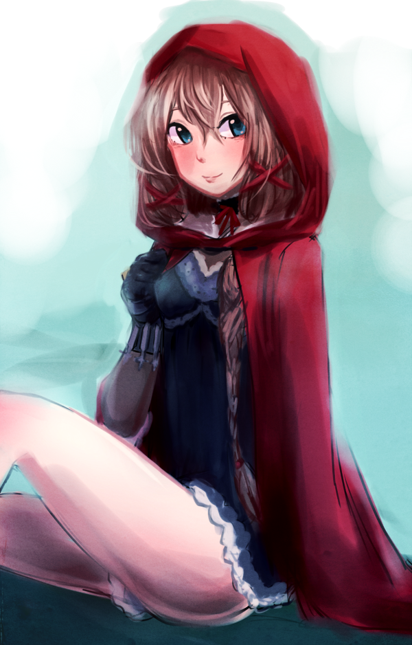 bare_legs blonde_hair blue_eyes blush braid dress gloves grimm's_fairy_tales hair_ornament hair_ribbon hood little_red_riding_hood little_red_riding_hood_(grimm) long_hair pltrgst ribbon short_dress single_braid sitting smile solo x_hair_ornament