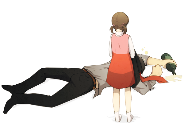 1girl bottle brown_hair doujima_nanako doujima_ryoutarou dress drunk father_and_daughter from_behind lying mushisotisis on_stomach persona persona_4 short_twintails spilling twintails