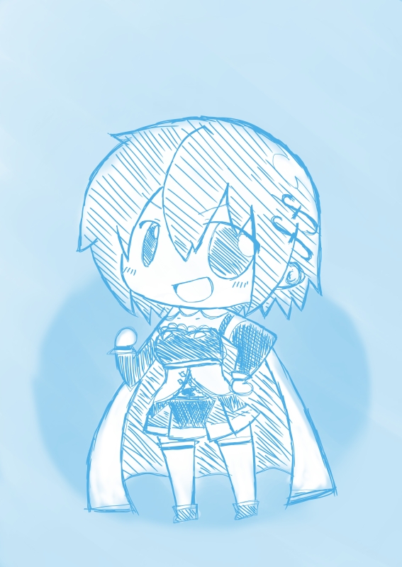 blue cape chibi hair_ornament hairclip hand_on_hip magical_girl mahou_shoujo_madoka_magica mahou_shoujo_madoka_magica_movie mak_kurokama miki_sayaka monochrome open_mouth pleated_skirt short_hair sketch skirt smile solo thighhighs
