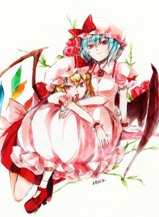 bad_id bad_pixiv_id banned_artist bat_wings blonde_hair blue_hair brooch colored_pencil_(medium) dress flandre_scarlet flower hat hat_ribbon hino_mamori jewelry looking_at_viewer marker_(medium) multiple_girls pink_dress puffy_sleeves red_dress red_eyes remilia_scarlet ribbon short_hair short_sleeves siblings sisters sitting smile smug tongue tongue_out touhou traditional_media wings wrist_cuffs
