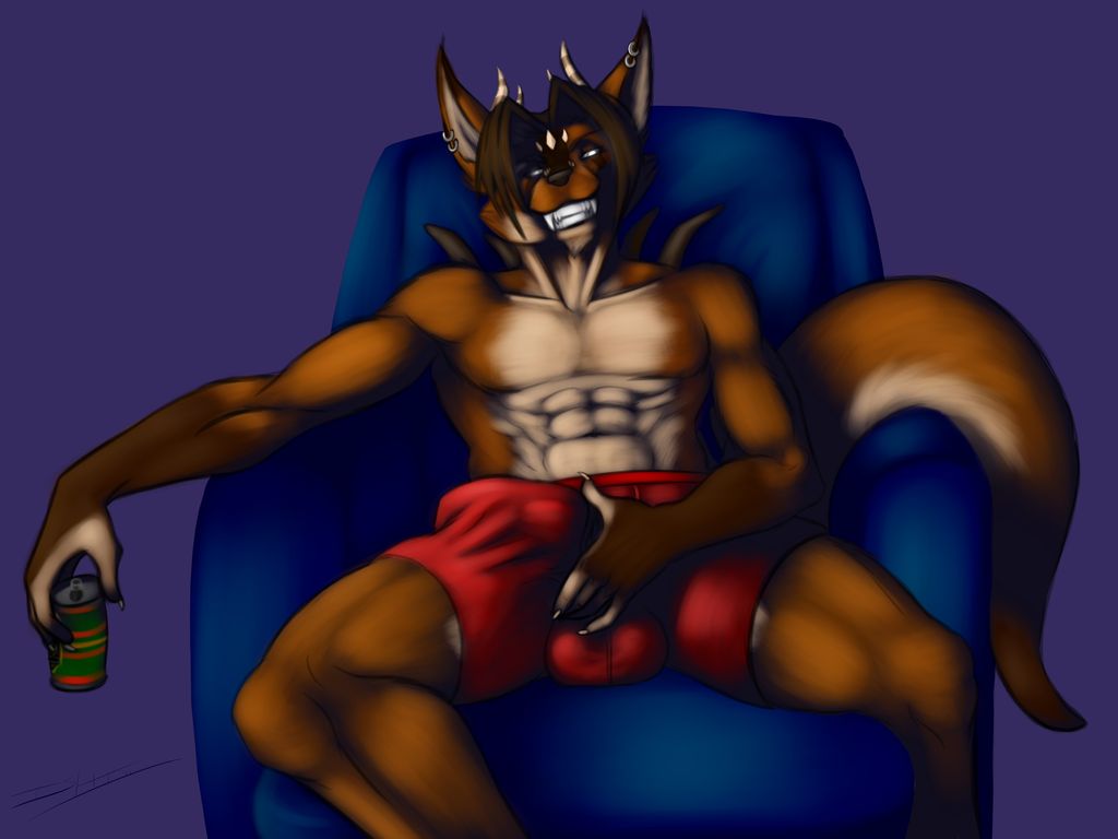 alcohol animal_genitalia anthro balls beast beer beverage biceps blue_eyes boxers brown_fur bulge canine_penis chair claws clothed clothing dasa devil_dog devildog drink ear_piercing erection fangs fur grin half-dressed horn ishiga-san looking_at_viewer male muscles pecs penis piercing pose recliner sitting smile solo toned topless underwear white_fur