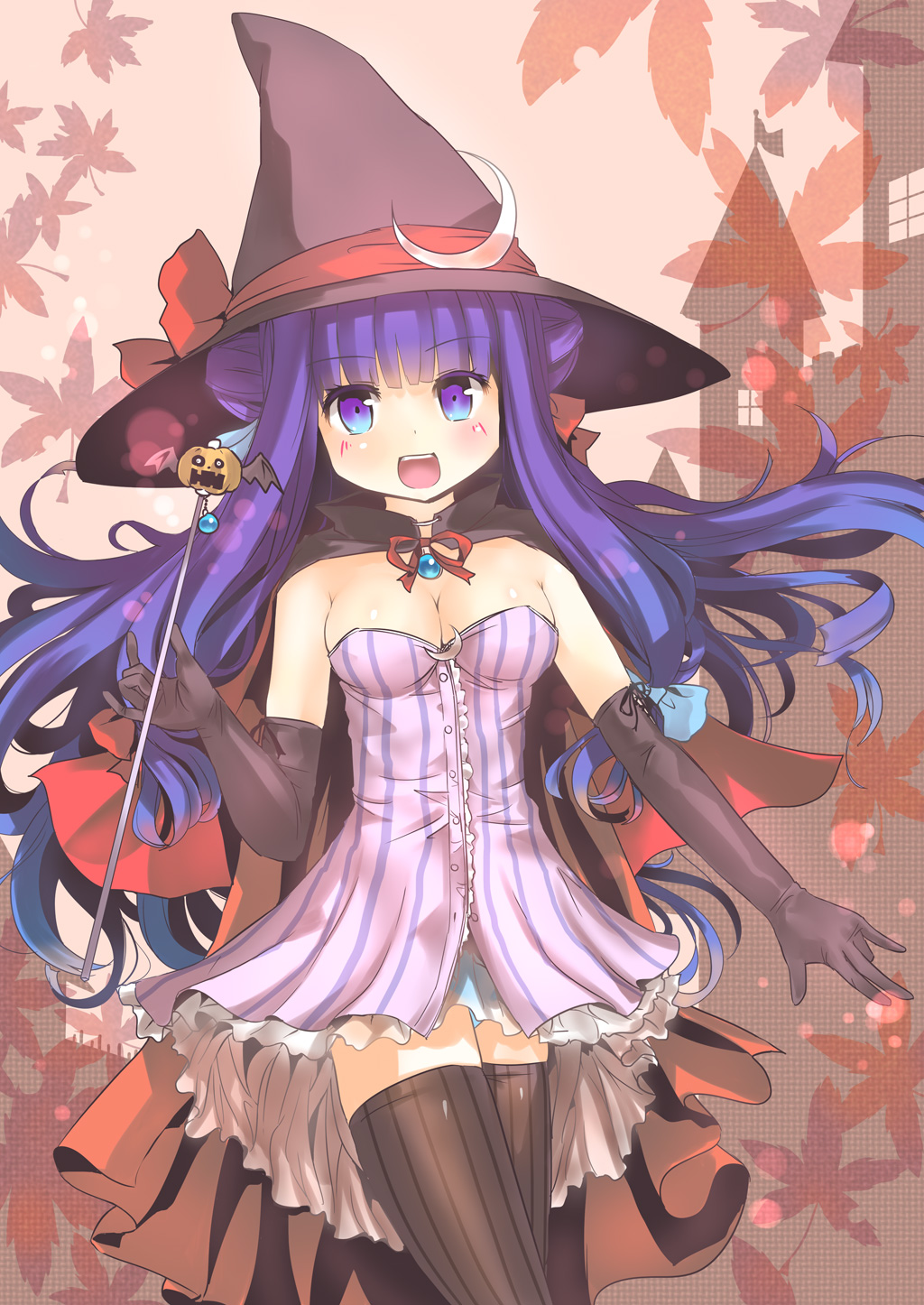 :d alternate_costume bad_id bad_pixiv_id blush breasts cape cleavage crescent culter dress elbow_gloves gloves halloween hat hat_ribbon highres long_hair medium_breasts open_mouth patchouli_knowledge purple_eyes purple_hair ribbon smile solo striped striped_dress striped_legwear thighhighs touhou vertical_stripes wand witch_hat