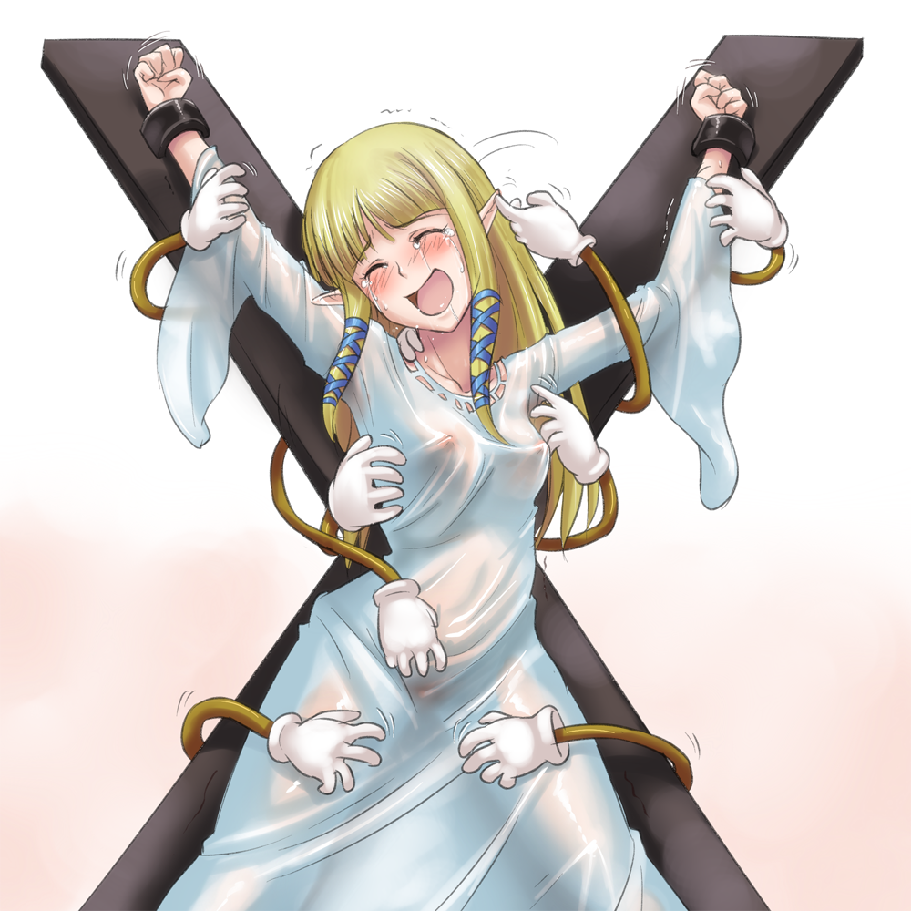 ardnades bdsm blonde_hair blush bondage bound breasts closed_eyes covered_nipples cross_of_saint_andrew dress long_dress long_hair medium_breasts nipples no_bra no_panties open_mouth pointy_ears princess_zelda see-through smile tears the_legend_of_zelda the_legend_of_zelda:_skyward_sword tickle_torture tickling