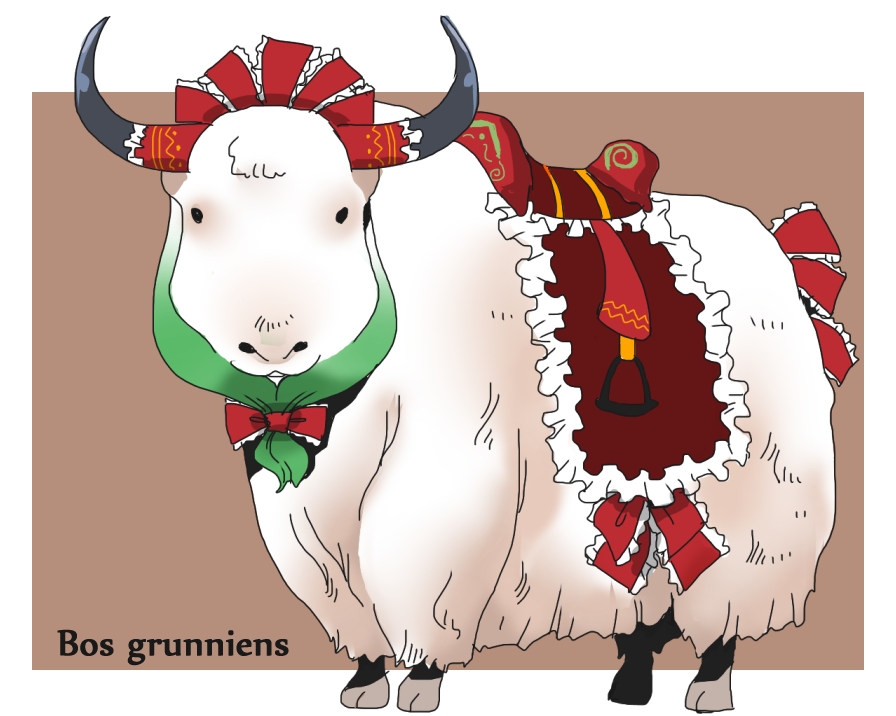 animalization bow clothed_animal frills kagiyama_hina no_humans onikobe_rin pun ribbon saddle solo touhou yak