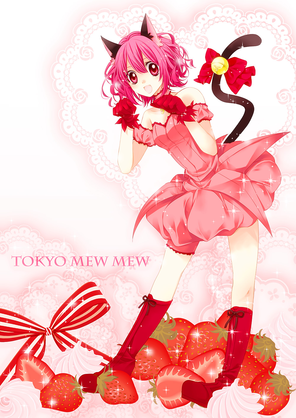 animal_ears bad_id bad_pixiv_id bare_shoulders bell boots bow bubble_skirt cat_ears cat_tail choker copyright_name food fruit full_body gloves highres kanae_(aab) knee_boots magical_girl mew_ichigo momomiya_ichigo object_namesake paw_pose pink_choker pink_eyes pink_skirt red_gloves ribbon skirt smile solo strawberry tail tail_bow tokyo_mew_mew