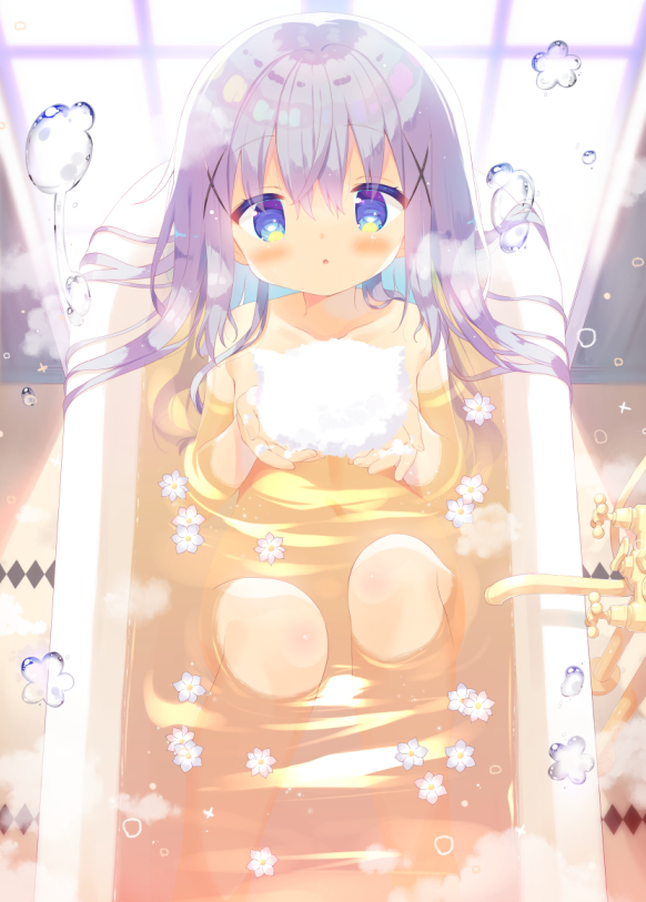 bangs bath bathtub blue_eyes blue_hair blurry blurry_background blush collarbone commentary_request day depth_of_field eyebrows_visible_through_hair faucet from_above gochuumon_wa_usagi_desu_ka? hair_between_eyes hair_ornament hands_up kafuu_chino knees_up long_hair looking_at_viewer looking_up nude parted_lips partially_submerged sitting solo sunlight very_long_hair water window x_hair_ornament yuizaki_kazuya
