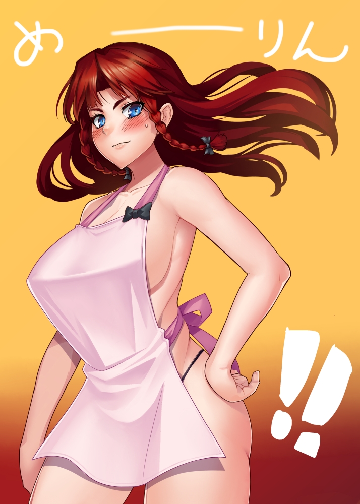 1girl apron bad_id bad_pixiv_id blue_eyes blush braid breasts hand_on_hip hong_meiling huge_breasts long_hair looking_at_viewer nearly_naked_apron panties red_hair sideboob smile solo sweatdrop taketora_suzume touhou translated twin_braids underwear yellow_background