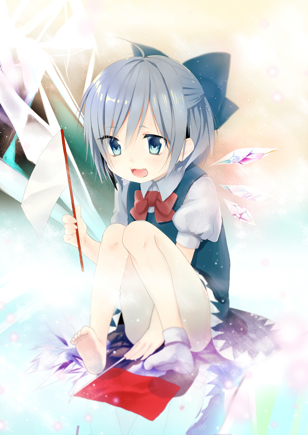 :d bad_id bad_pixiv_id blue_eyes blue_hair cirno fang flag highres holding ice ice_wings open_mouth shirako_sei short_hair single_sock sitting smile socks solo touhou wings