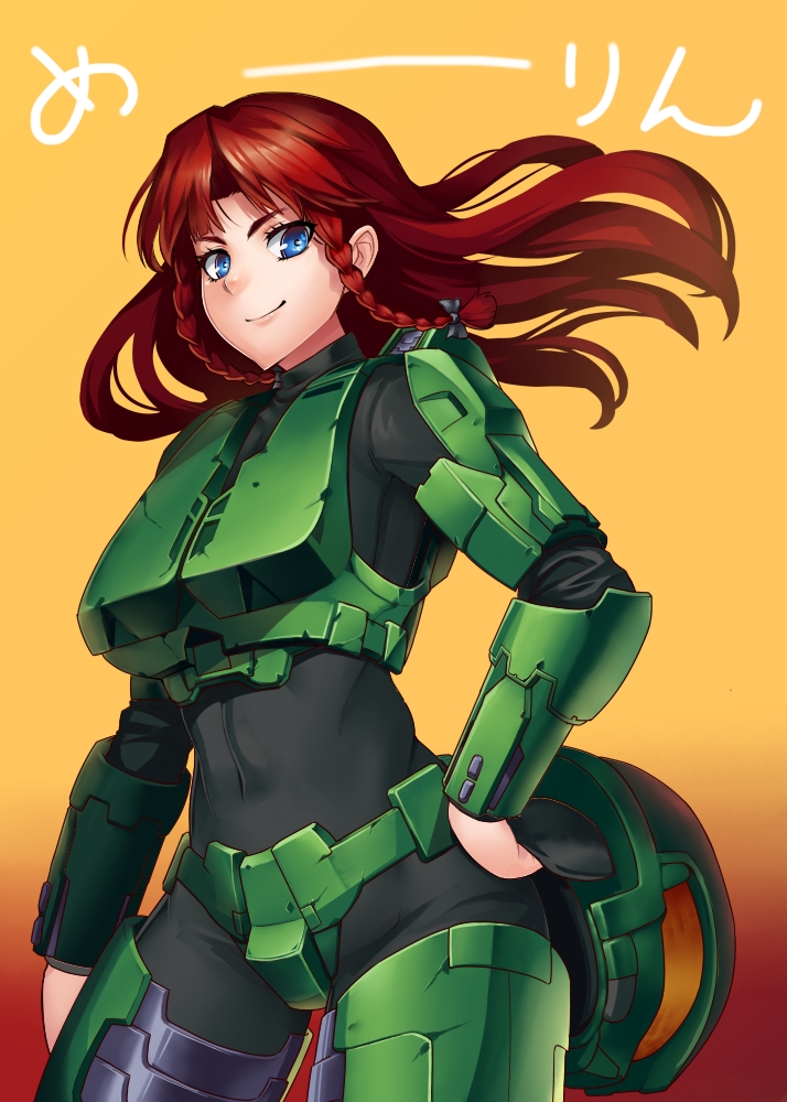 armor bad_id bad_pixiv_id blue_eyes braid cosplay halo_(game) hand_on_hip headwear_removed helmet helmet_removed holding hong_meiling long_hair looking_at_viewer master_chief master_chief_(cosplay) red_hair smile solo taketora_suzume touhou twin_braids
