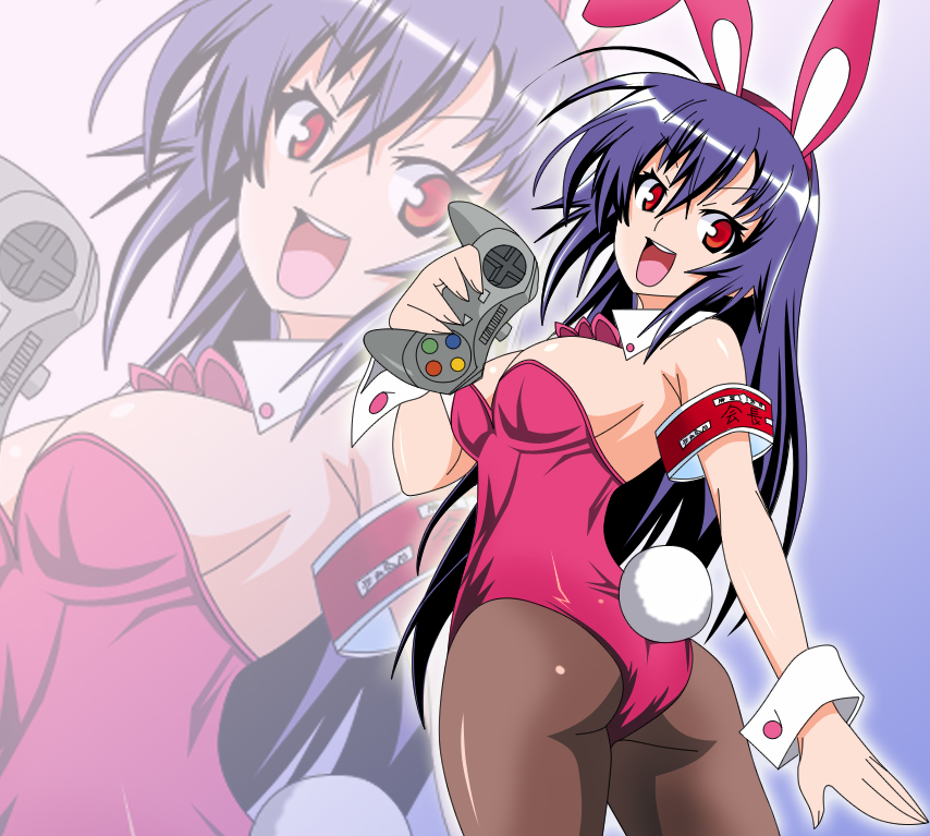 1girl animal_ears arm armband arms artist_request ass bare_shoulders blue_hair bow bowtie breasts bunny_ears bunny_girl bunny_tail bunnysuit controller detached_collar fake_animal_ears female holding kurokami_medaka large_breasts long_hair looking_at_viewer looking_back medaka_box open_mouth red_eyes sideboob smile solo tail wrist_cuffs zoom_layer