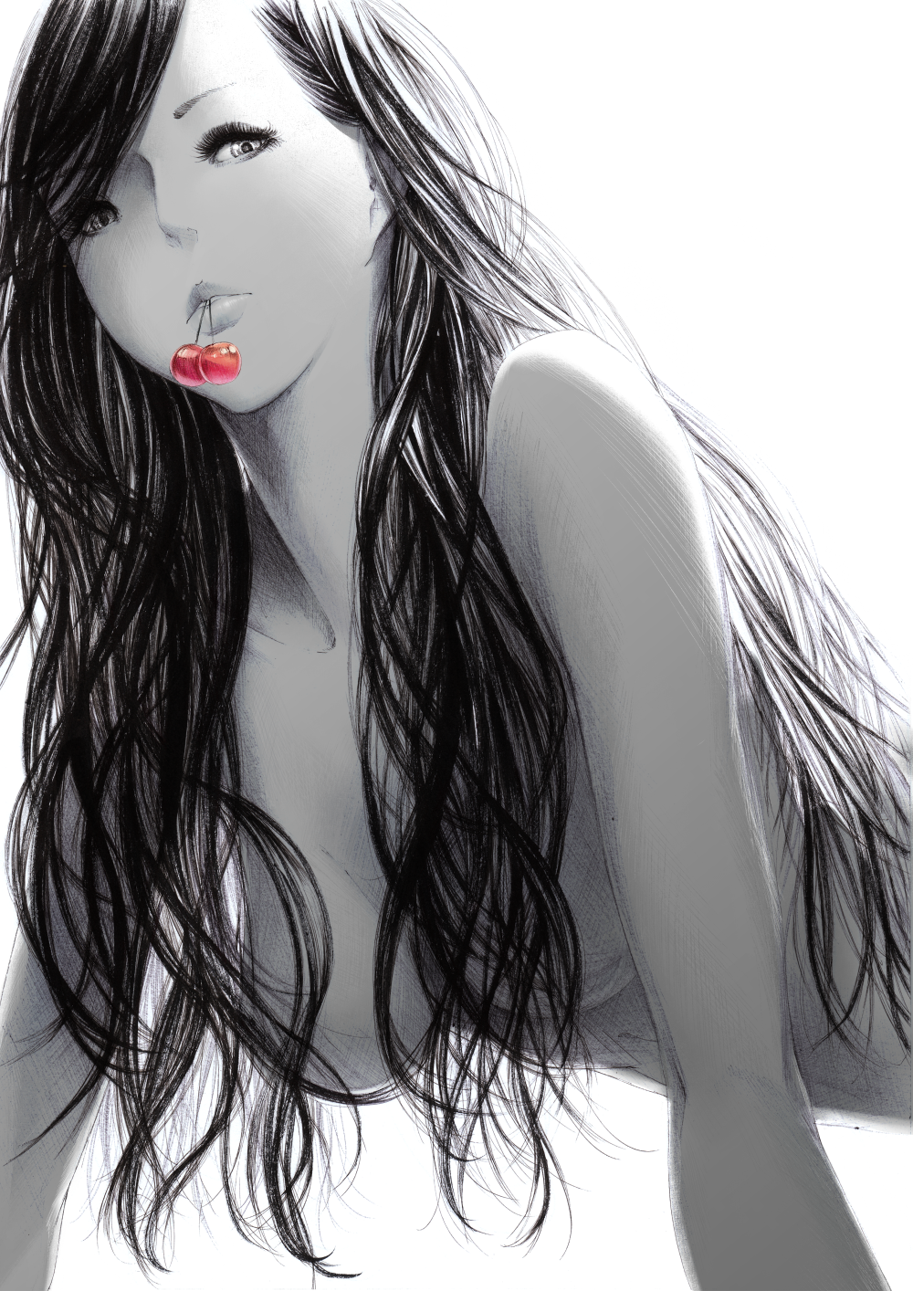 black_hair breasts cherry copyright_request eyelashes food fruit hair_censor hair_over_breasts highres leaning_forward lips long_hair medium_breasts monochrome mouth_hold nude simple_background solo sousou_(sousouworks) spot_color white_background