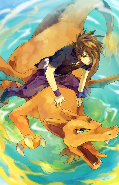 brown_hair charizard dragon fanny_pack fire flying gen_1_pokemon green_eyes jewelry looking_at_viewer necklace nuriko-kun ookido_green pokemon pokemon_(creature) pokemon_(game) pokemon_hgss riding shirt spiked_hair wristband