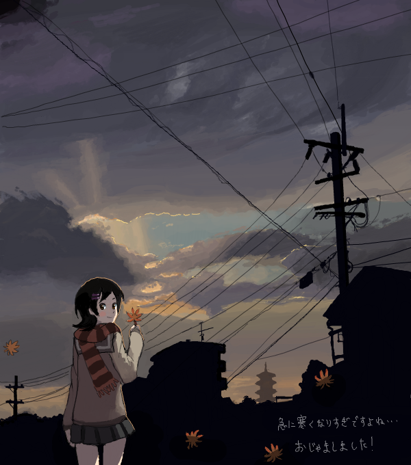 autumn_leaves building city cloud cloudy_sky dusk hair_ornament holding leaf looking_at_viewer looking_back nao-08 original outdoors plaid plaid_scarf power_lines scarf scenery school_uniform serafuku silhouette skirt sky smile solo telephone_pole translated