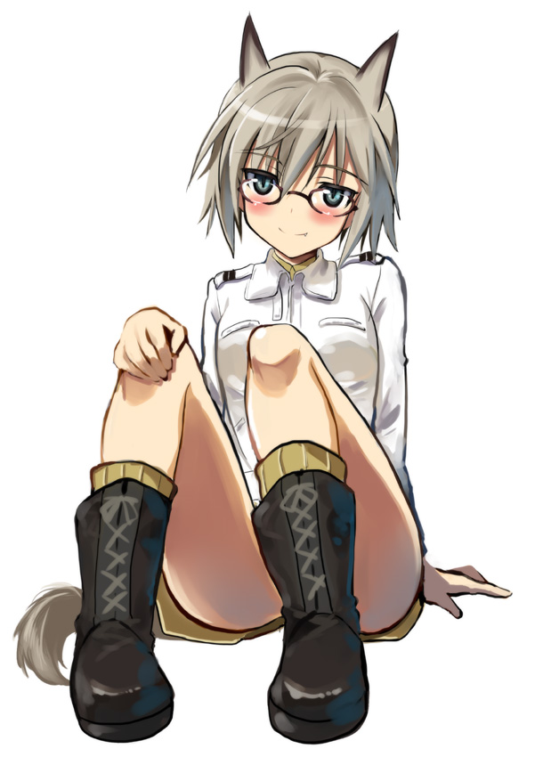 animal_ears blue_eyes blush boots eugenia_horbaczewski fang full_body glasses kyougoku_shin looking_at_viewer short_hair silver_hair simple_background sitting sketch smile solo tail white_background world_witches_series