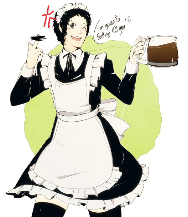 adachi_tooru alternate_costume anger_vein censored coffee coffee_pot crossdressing english enmaided maid maid_headdress male_focus middle_finger mushisotisis one_eye_closed persona persona_4 pointless_censoring profanity smile solo thighhighs