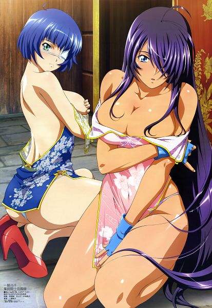 2girls blush breasts covering covering_breasts eyepatch hair_over_one_eye ikkitousen kan'u_unchou kanu_unchou large_breasts multiple_girls ryomou_shimei