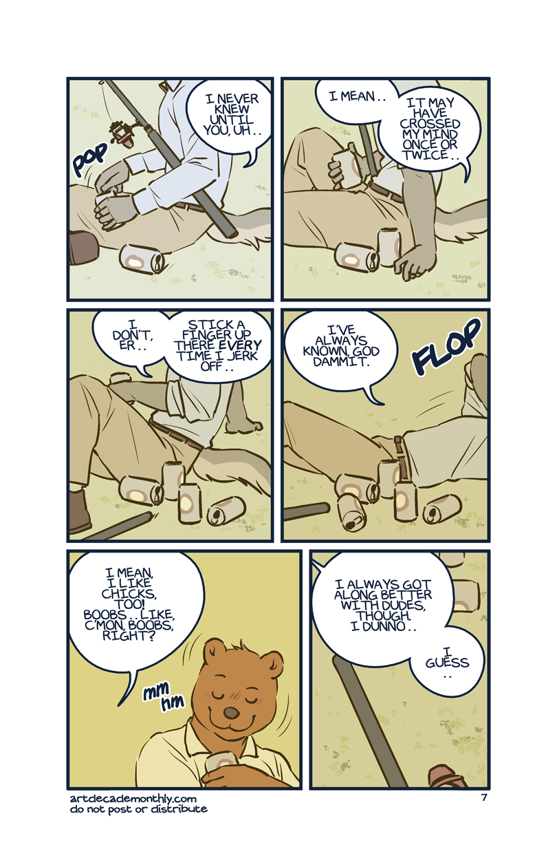 anthro artdecade bear beverage camping canine clothing comic dialog do_not_distribute english_text fishing grizzly_bear male mammal only_if_i_love_you outside text wolf
