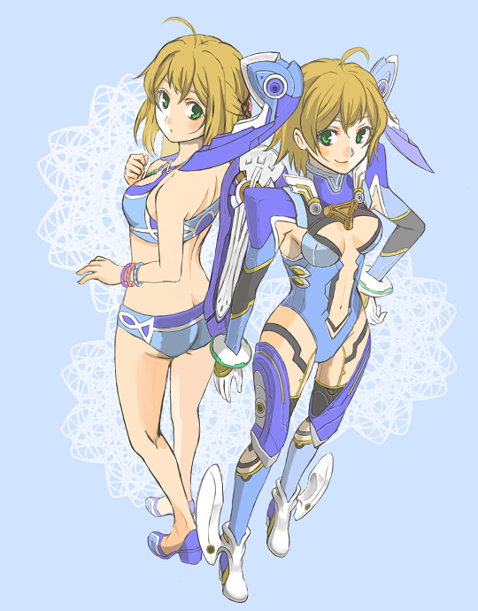ahoge ass bikini blonde_hair breasts butt_crack cleavage cyborg dual_persona fiorun from_above from_behind green_eyes medium_breasts multiple_girls pontaaaaa short_hair spoilers swimsuit xenoblade_(series) xenoblade_1