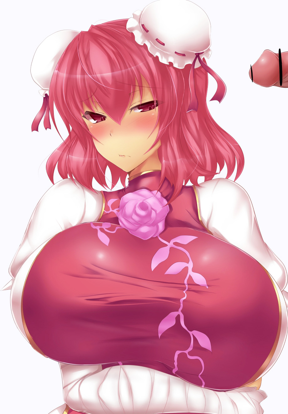 1girl bandages breast_hold breasts bun_cover censored chinese_clothes crossed_arms double_bun flower frown hetero highres huge_breasts ibaraki_kasen penis pink_eyes pink_hair poko_chin solo_focus touhou