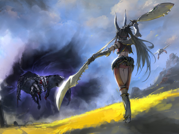 beetle bug dober_(armor) gore_magala horns insect insect_glaive long_hair midriff monster monster_hunter monster_hunter_4 polearm ponytail sadamatsu_ryuuichi staff very_long_hair weapon