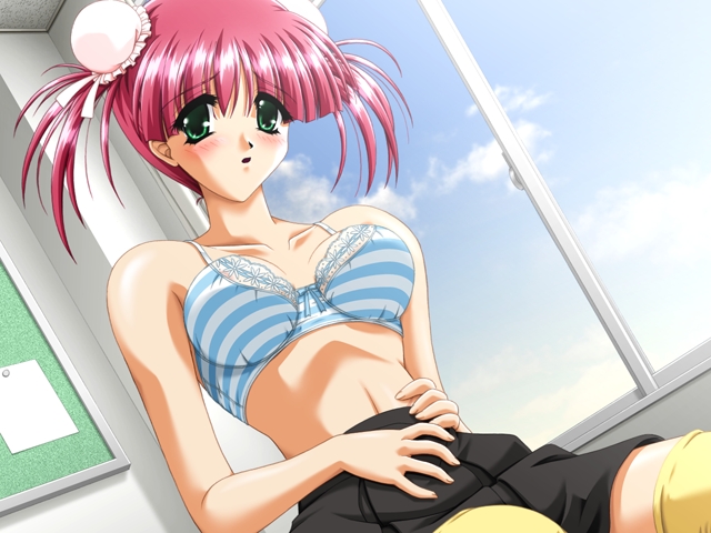 1girl blush bra green_eyes head_buns kango_shichauzo pink_hair short_hair twintails underwear yoshino_nana